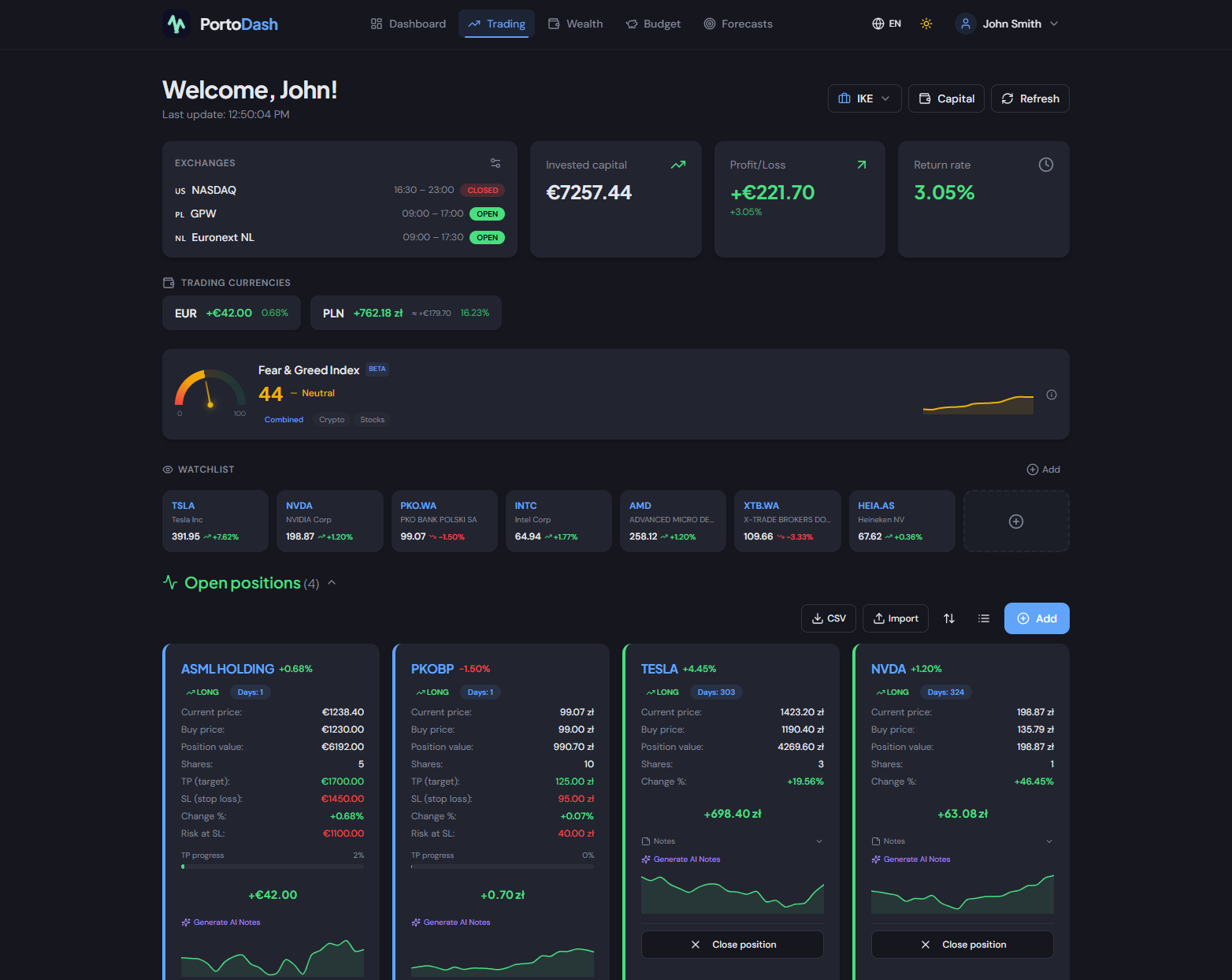 PortoDash Trading — otwarte pozycje, watchlist, status rynku